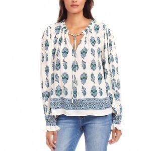 Karen Kane Aquamarine Printed Peasant Blouse Blue Green Smocked Cuffs XL NEW